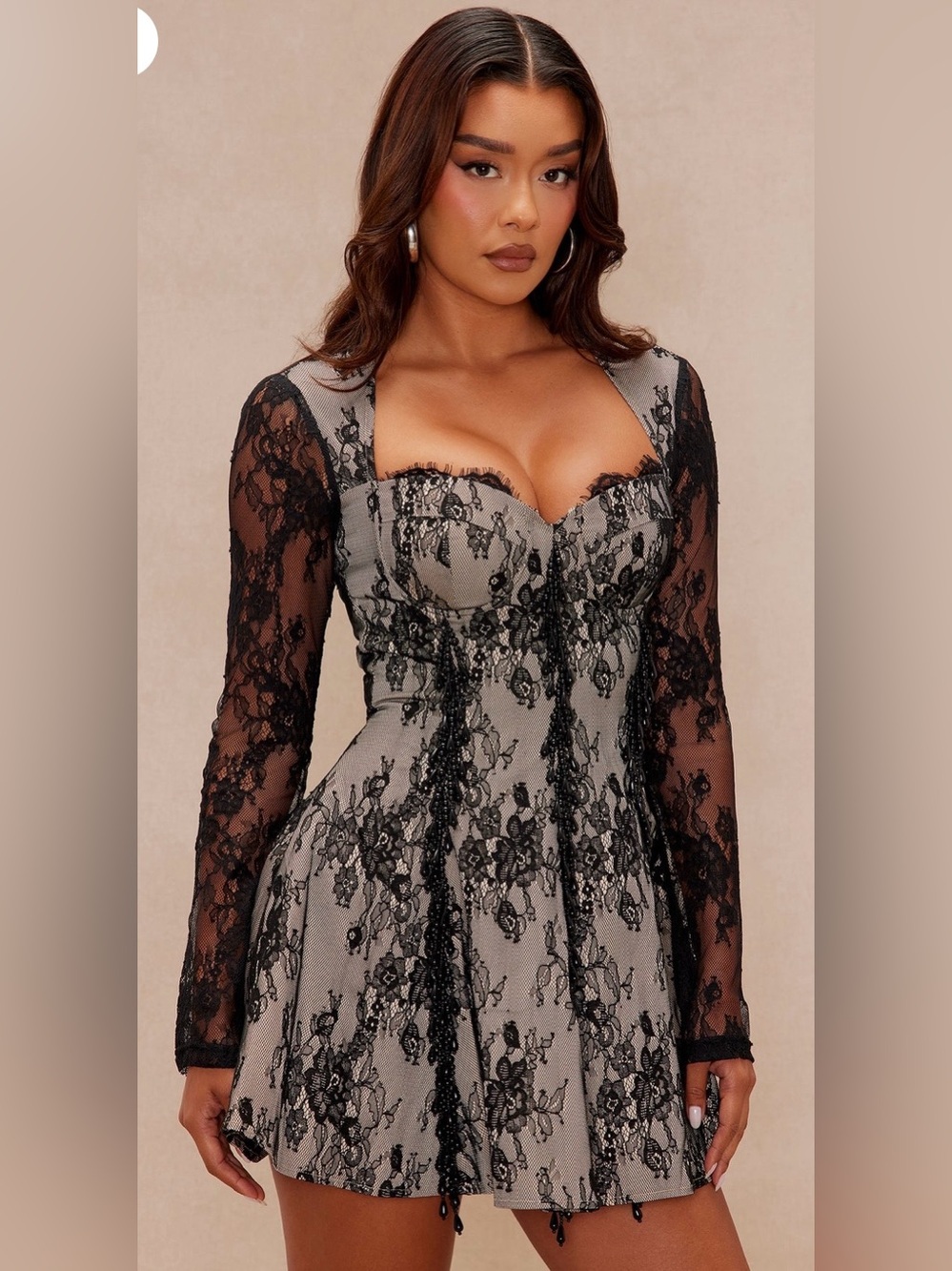 NWT Black Lace-Overlay Grey Mini Dress with Sweetheart Neckline